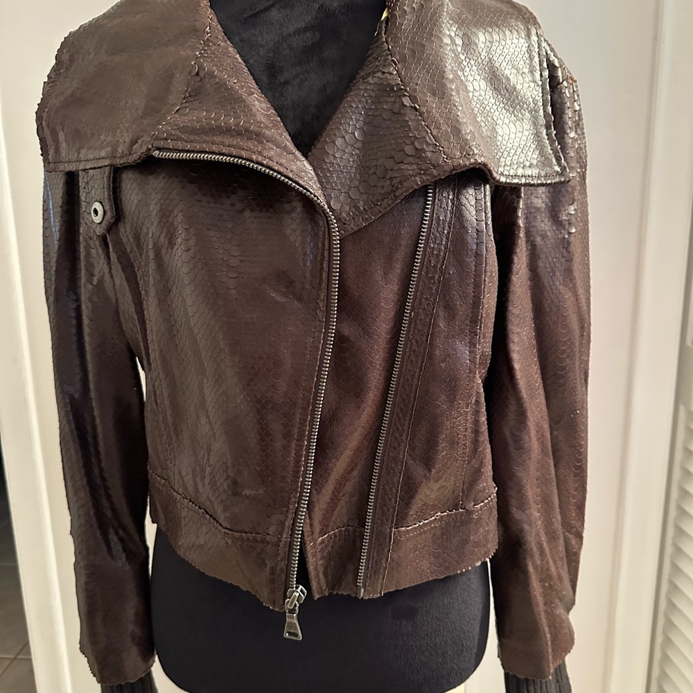 Alice and Olivia Stylish Brown Snake print Leather Moto Jacket